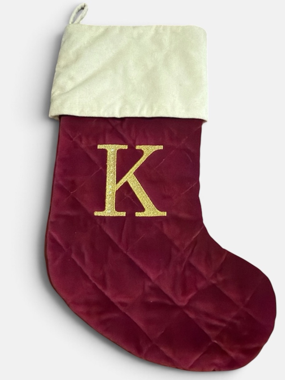 Personalized Kids Christmas Stocking - Burgundy with Cream Cuff, Gold Initial K